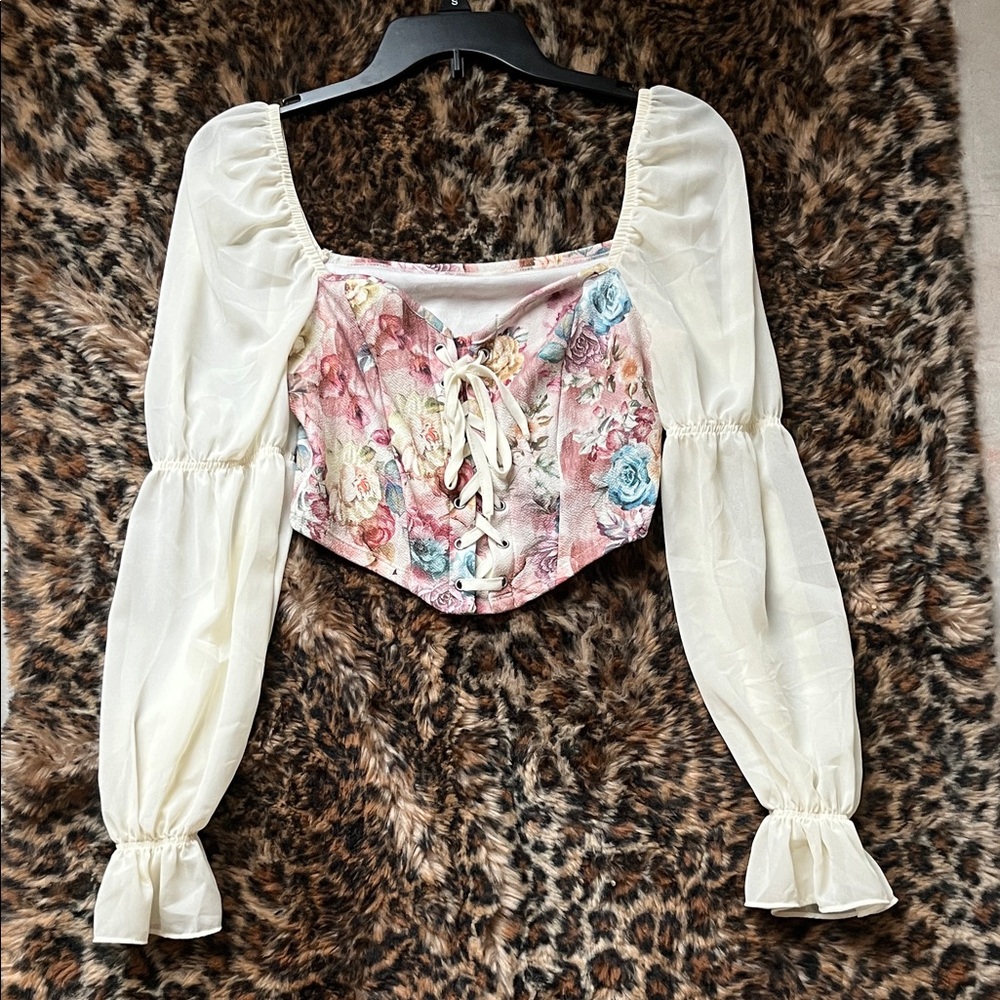 SHEIN Floral Lace-Up Blouse - Cream and Multicolor